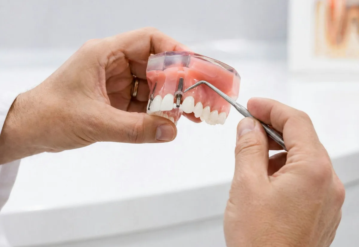 Dentist showing an implant-supported denture on a model