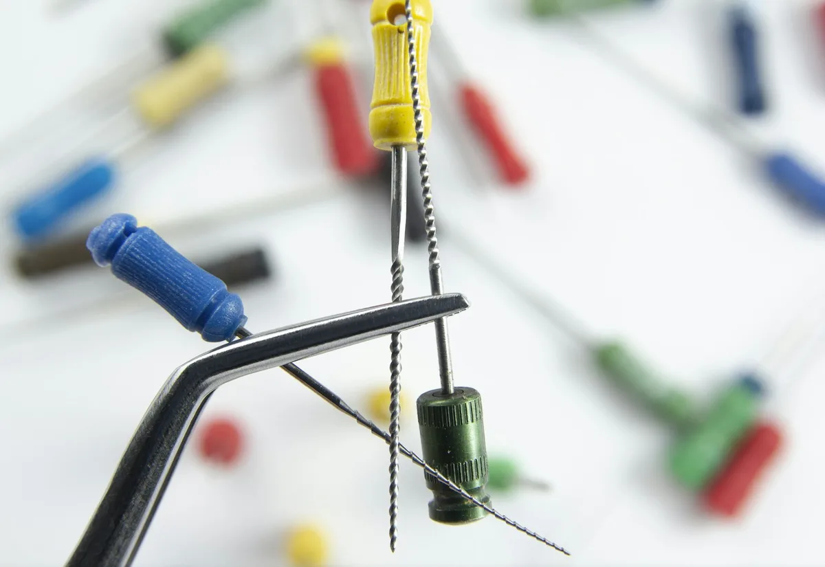 Root canal files held in dental tweezers
